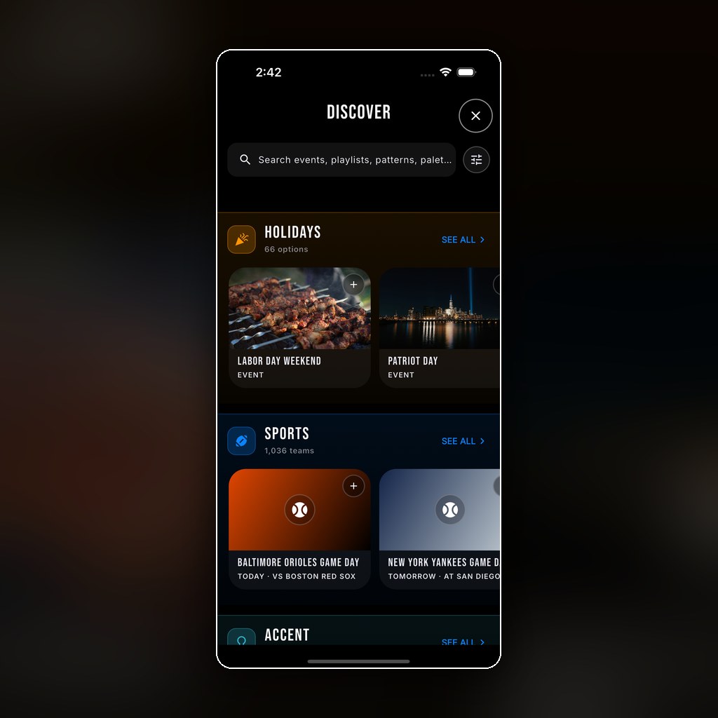The Chameleon app's Discover screen: shelves for Holidays with 66 options, Sports with 1,036 teams, and Accent, each showing real scene artwork.