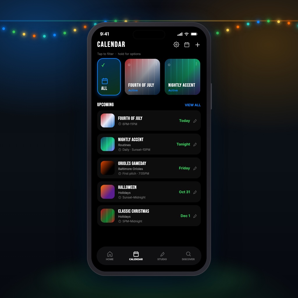 The Chameleon Lighting app calendar screen listing Fourth of July, a nightly accent routine, an Orioles game day, Halloween and Christmas.